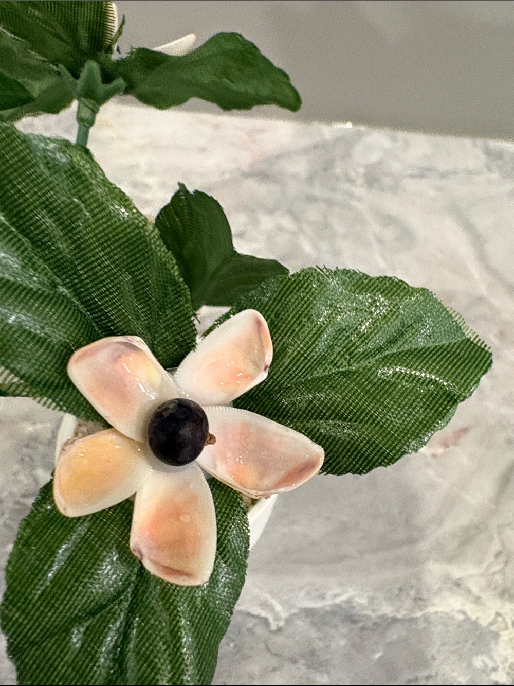 Hand Crafted Cream and Dark Green Mini Faux Flower Pot